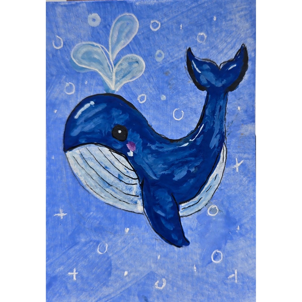 ACEO Whale Blue Bubbles Sea Acrylic Painting Miniature Folk Art Signed OOAK